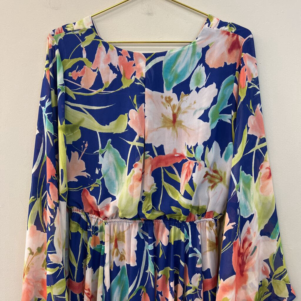 Meghan Los Angeles Blue/ Multi Flower Print Long Bell Sleeve Maxi Dress Large
