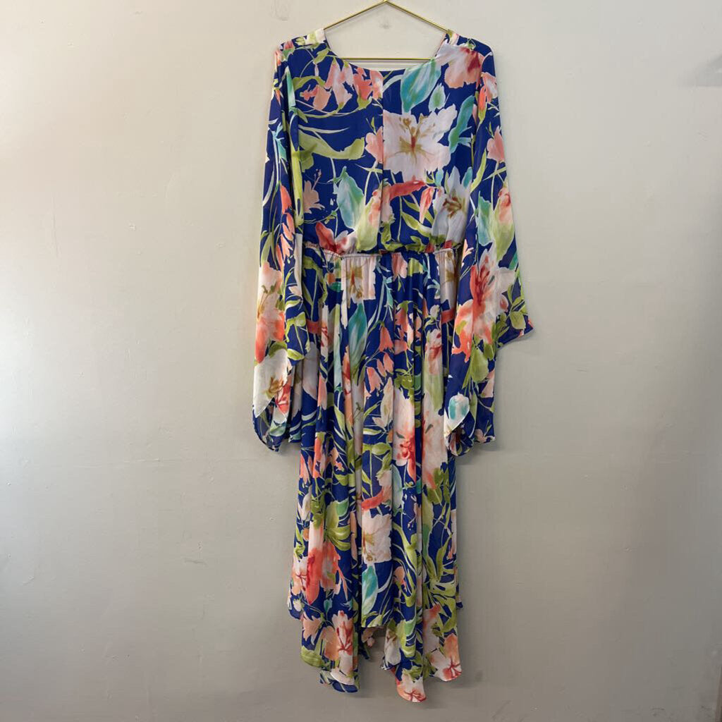 Meghan Los Angeles Blue/ Multi Flower Print Long Bell Sleeve Maxi Dress Large