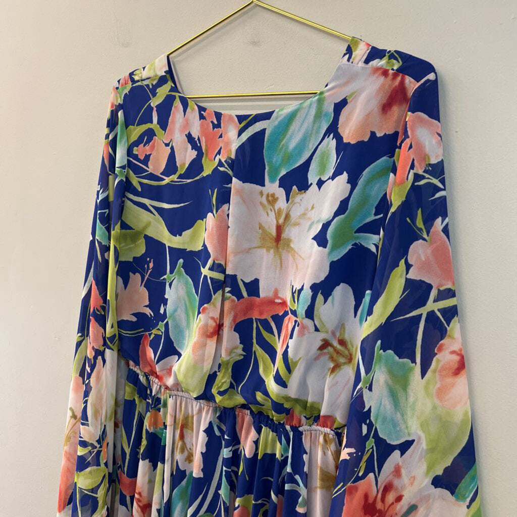 Meghan Los Angeles Blue/ Multi Flower Print Long Bell Sleeve Maxi Dress Large