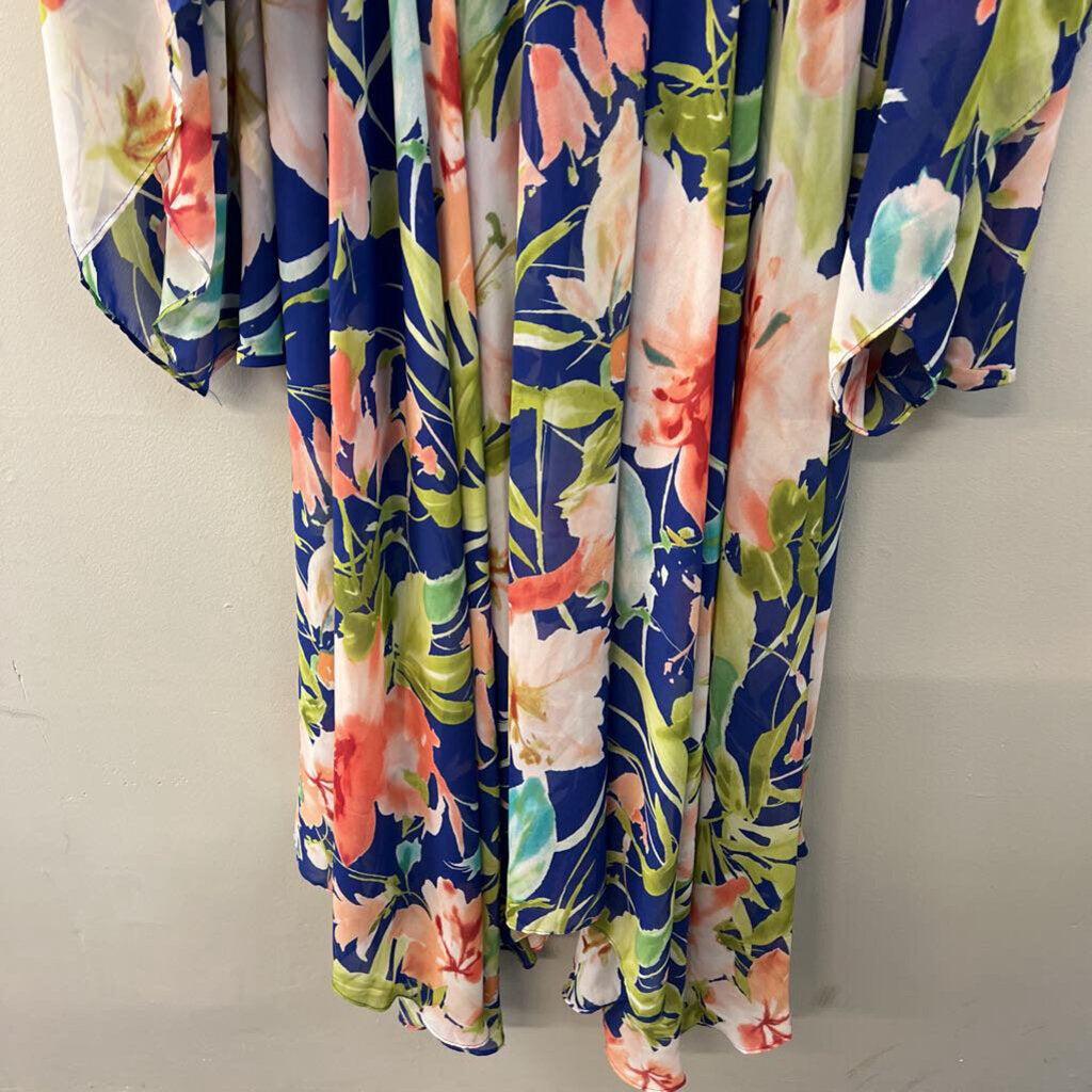 Meghan Los Angeles Blue/ Multi Flower Print Long Bell Sleeve Maxi Dress Large