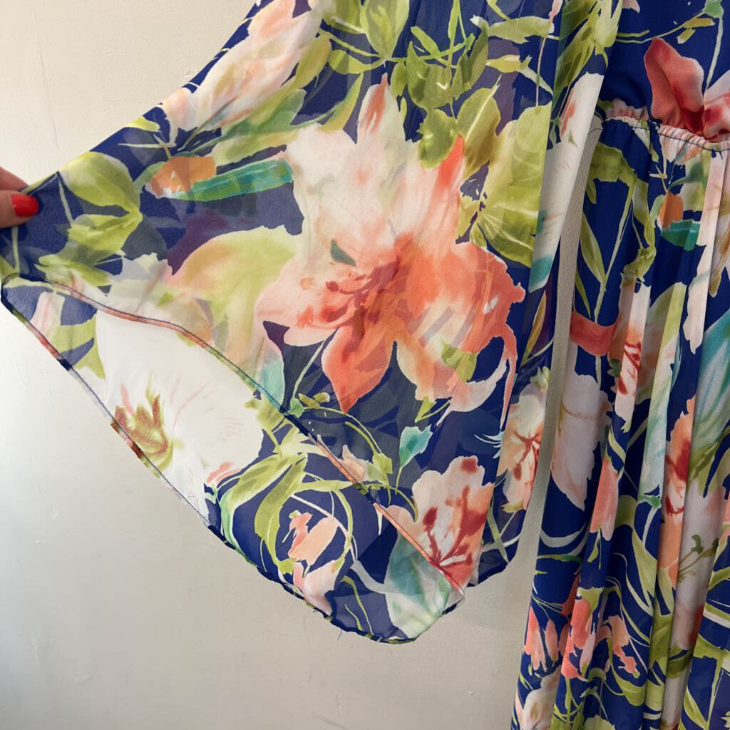 Meghan Los Angeles Blue/ Multi Flower Print Long Bell Sleeve Maxi Dress Large