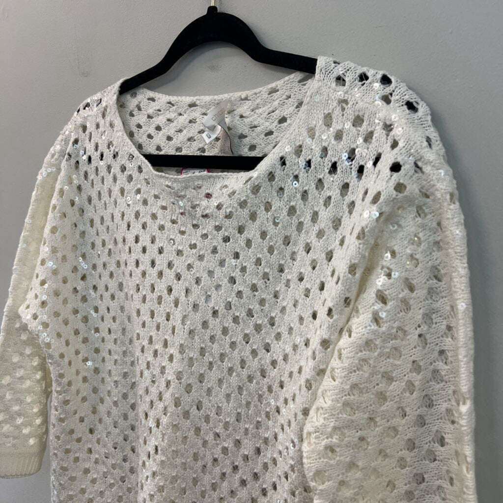 Chicos White Open Knit Sequin Detail Long Sleeve Top 3