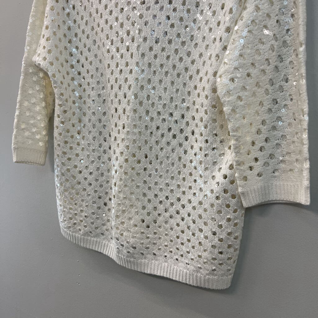 Chicos White Open Knit Sequin Detail Long Sleeve Top 3