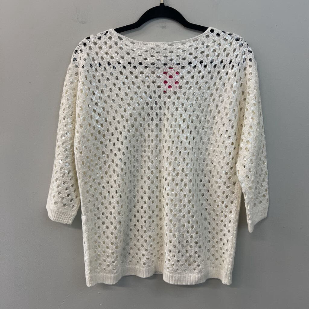 Chicos White Open Knit Sequin Detail Long Sleeve Top 3