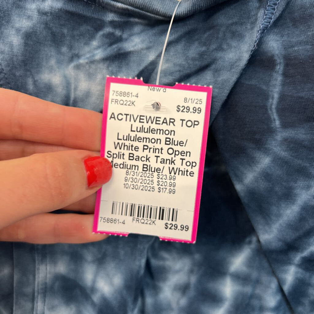 Lululemon Blue/ White Print Open Split Back Tank Top Medium