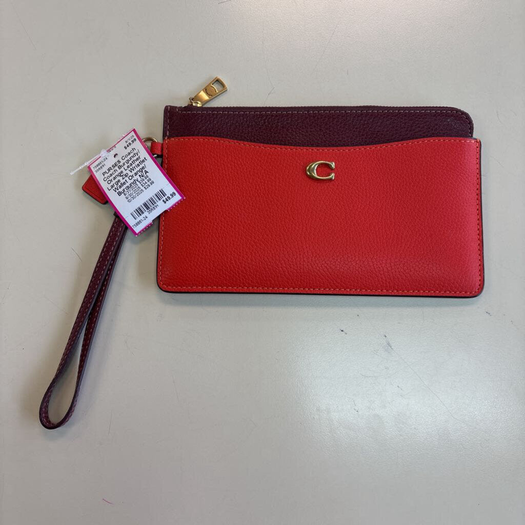 Coach Burgundy/ Orange Leather Large Zip Wristlet Wallet