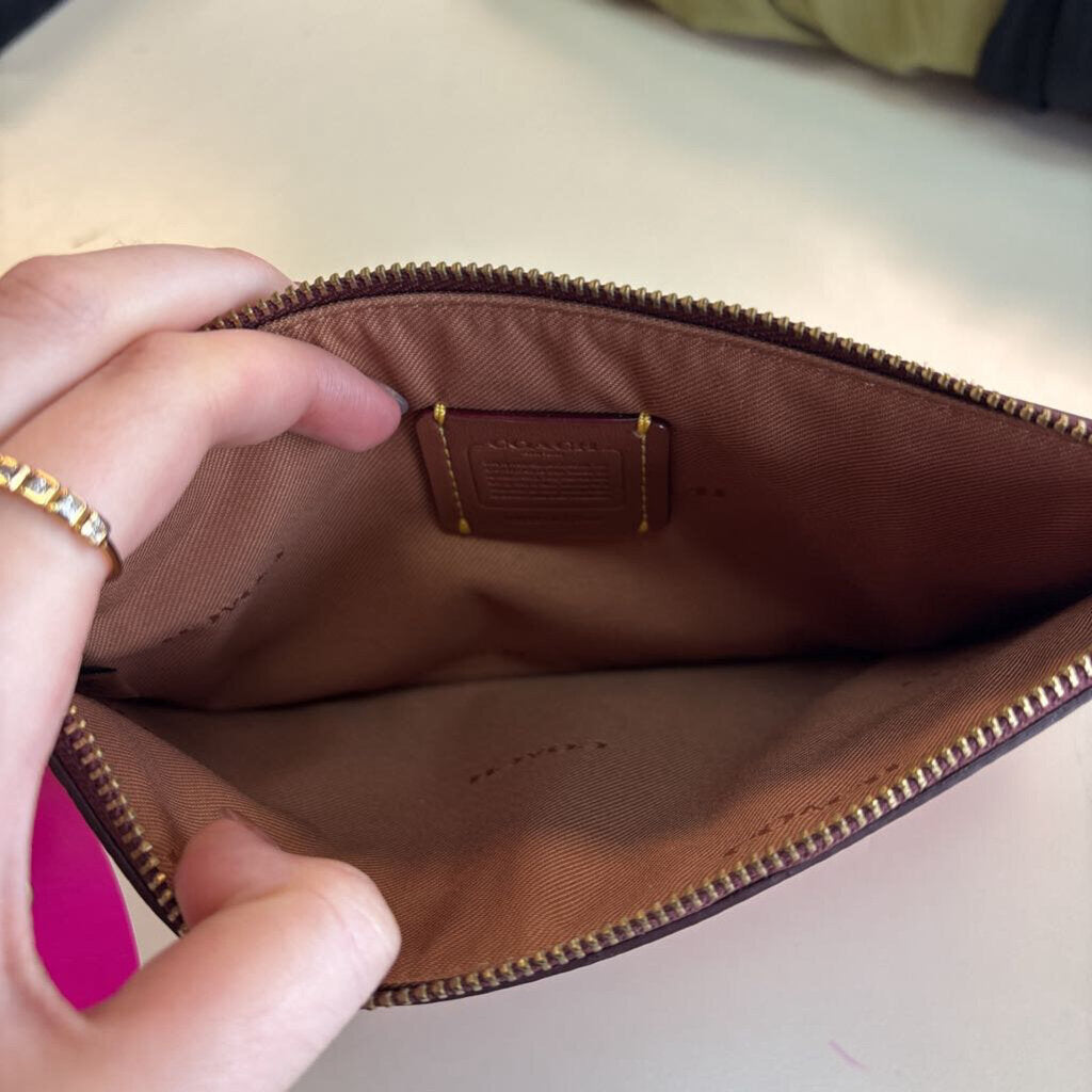 Coach Burgundy/ Orange Leather Large Zip Wristlet Wallet
