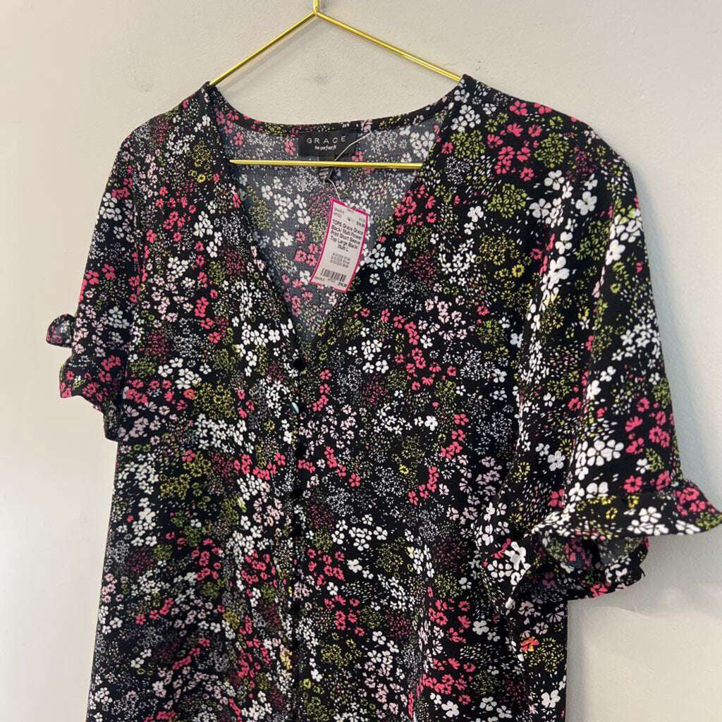 Grace Black/ Multi Flower Print Short Sleeve Top Large