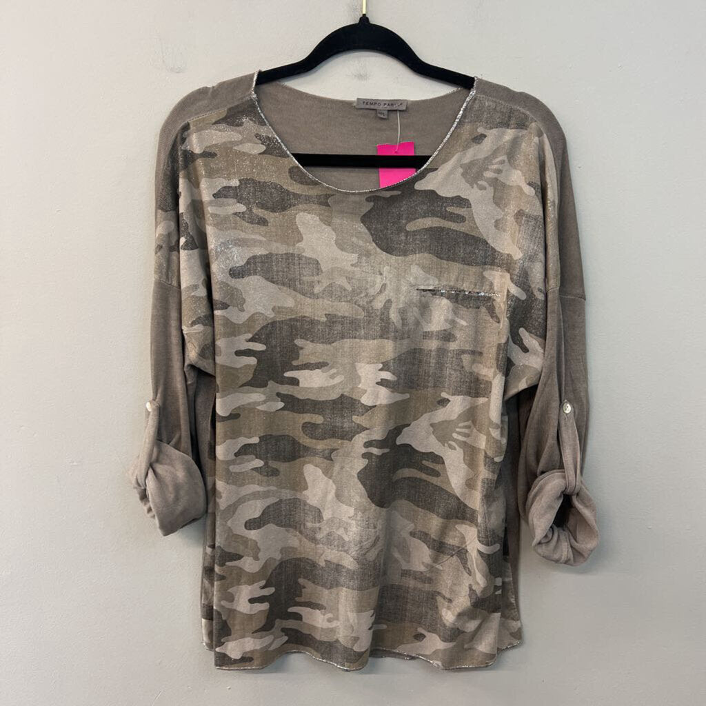 Tempo Paris Grey Shimmer Camo Print Long Sleeve Top Medium/ Large