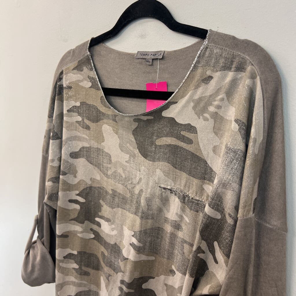 Tempo Paris Grey Shimmer Camo Print Long Sleeve Top Medium/ Large