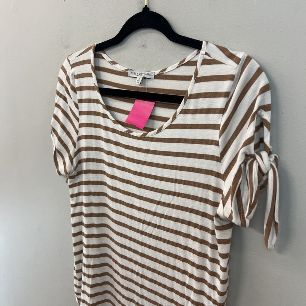 Green Envelope Brown/ White Striped Short Sleeve Top Small