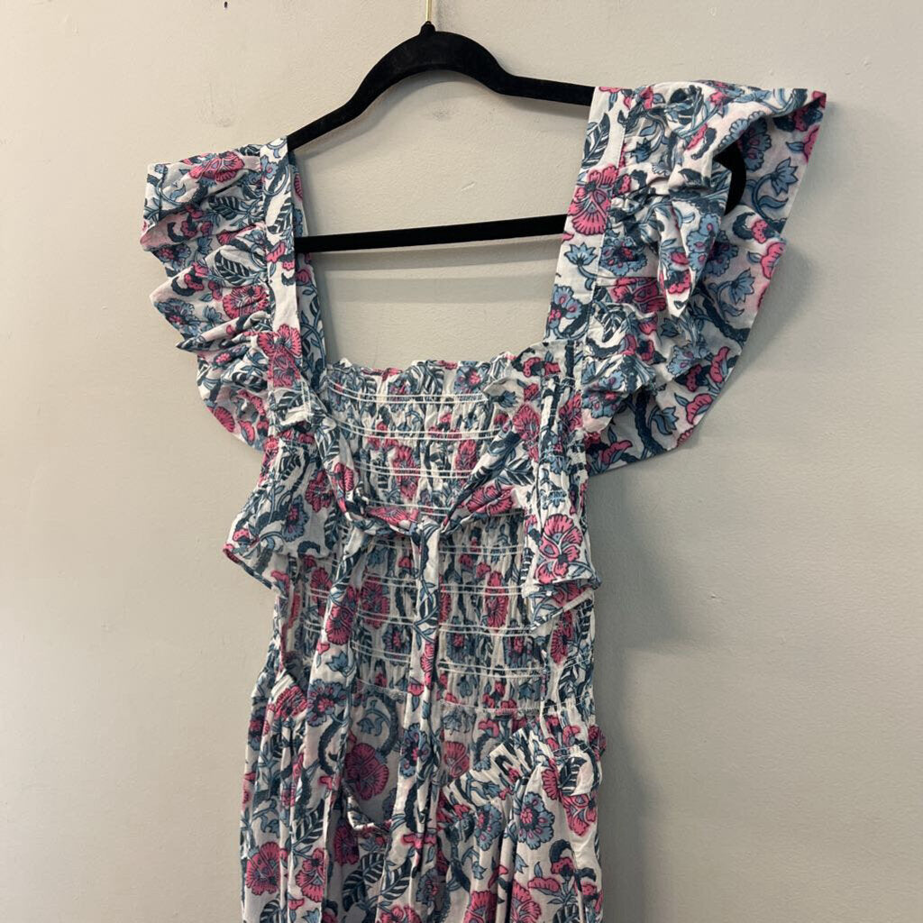 Anna Cate White/ Blue/ Pink Print Short Flutter Sleeve Tie Back Maxi Dress Small