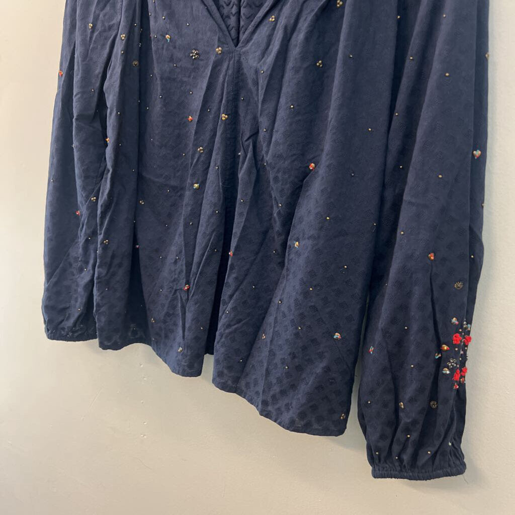 Velvet Navy Embellished Long Sleeve Top Small