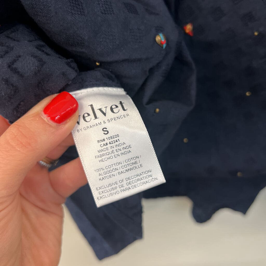 Velvet Navy Embellished Long Sleeve Top Small
