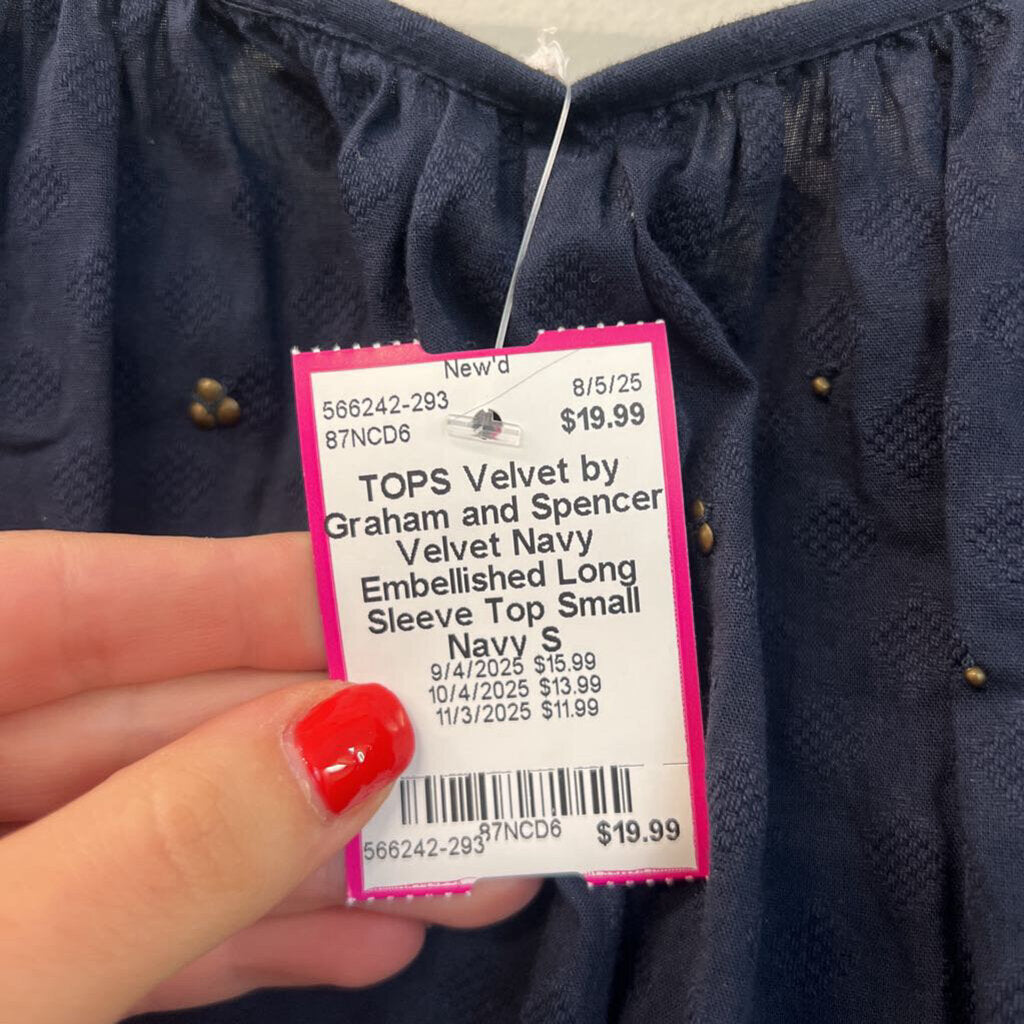 Velvet Navy Embellished Long Sleeve Top Small