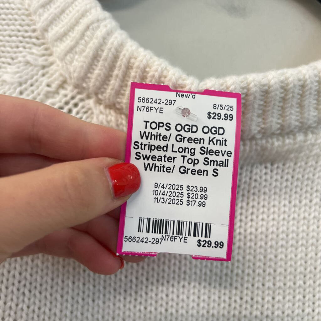 OGD White/ Green Knit Striped Long Sleeve Sweater Top Small