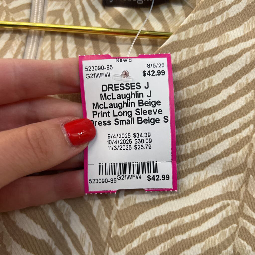 J McLaughlin Beige Print Long Sleeve Dress Small