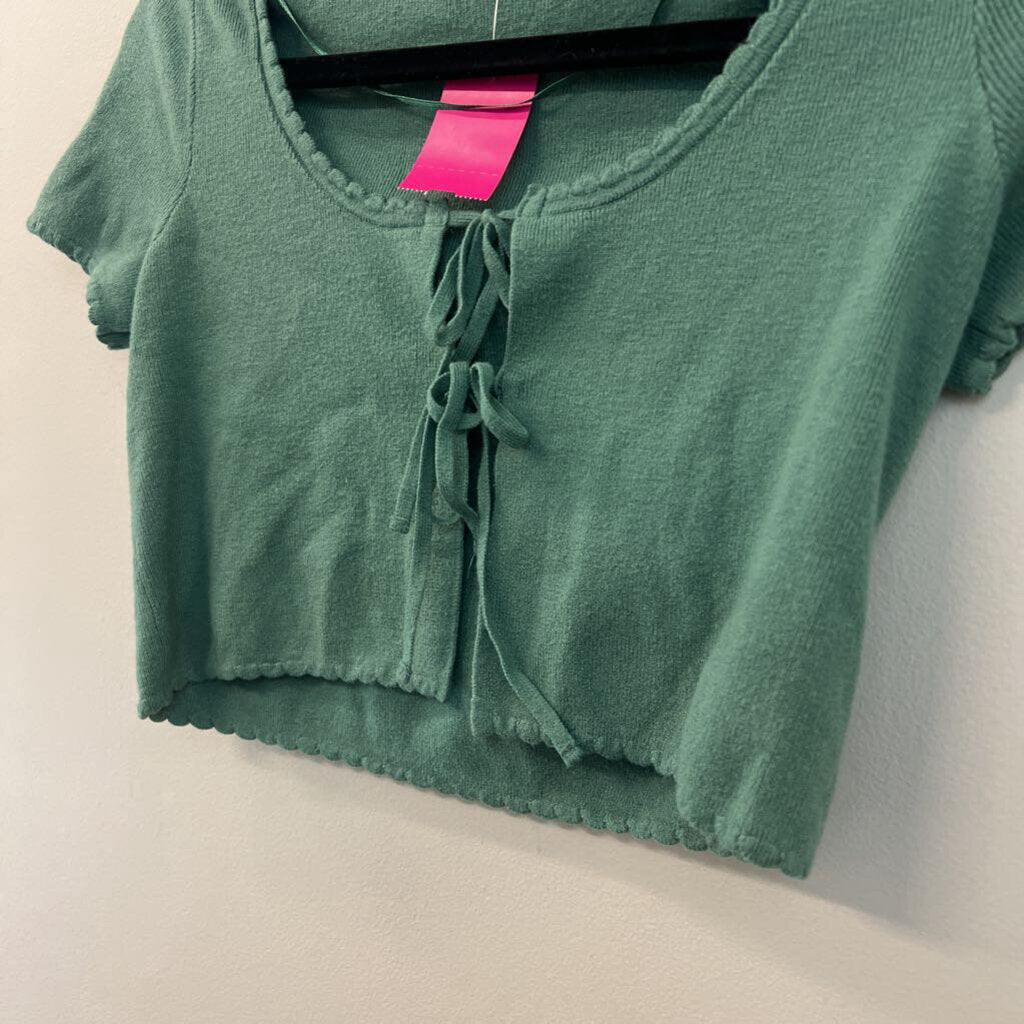 LA Hearts Green Cropped Short Sleeve Tie Front Top Small
