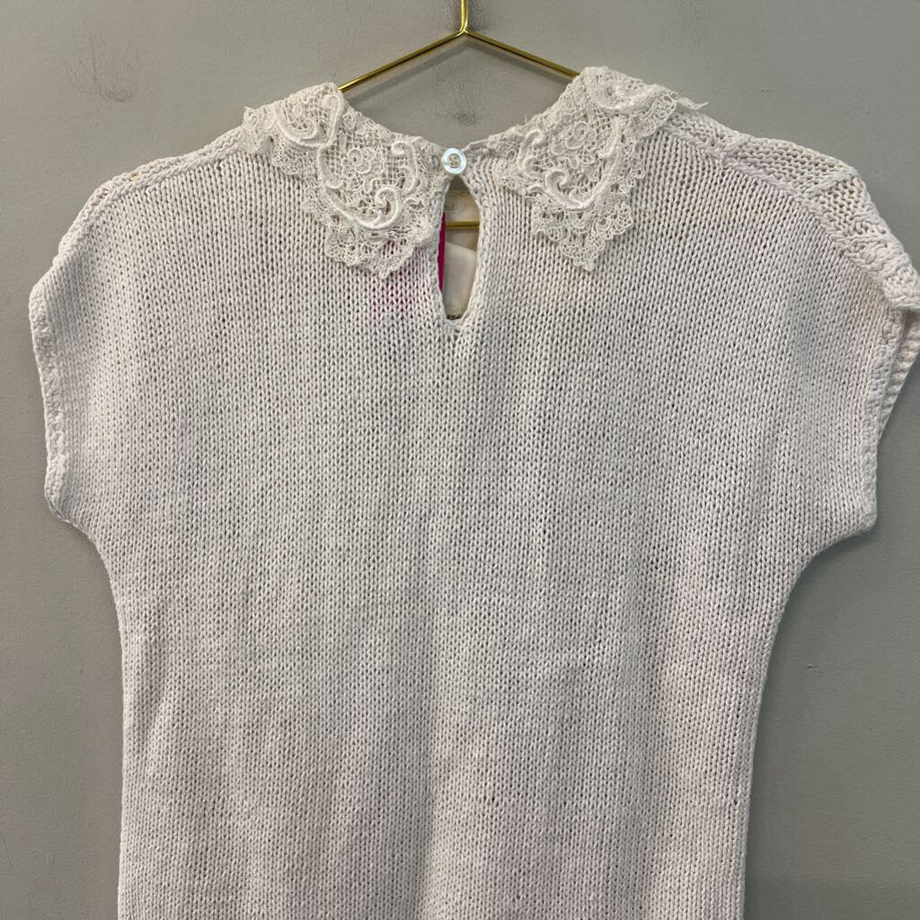 Vintage White Knit Short Sleeve Sweater Top Small