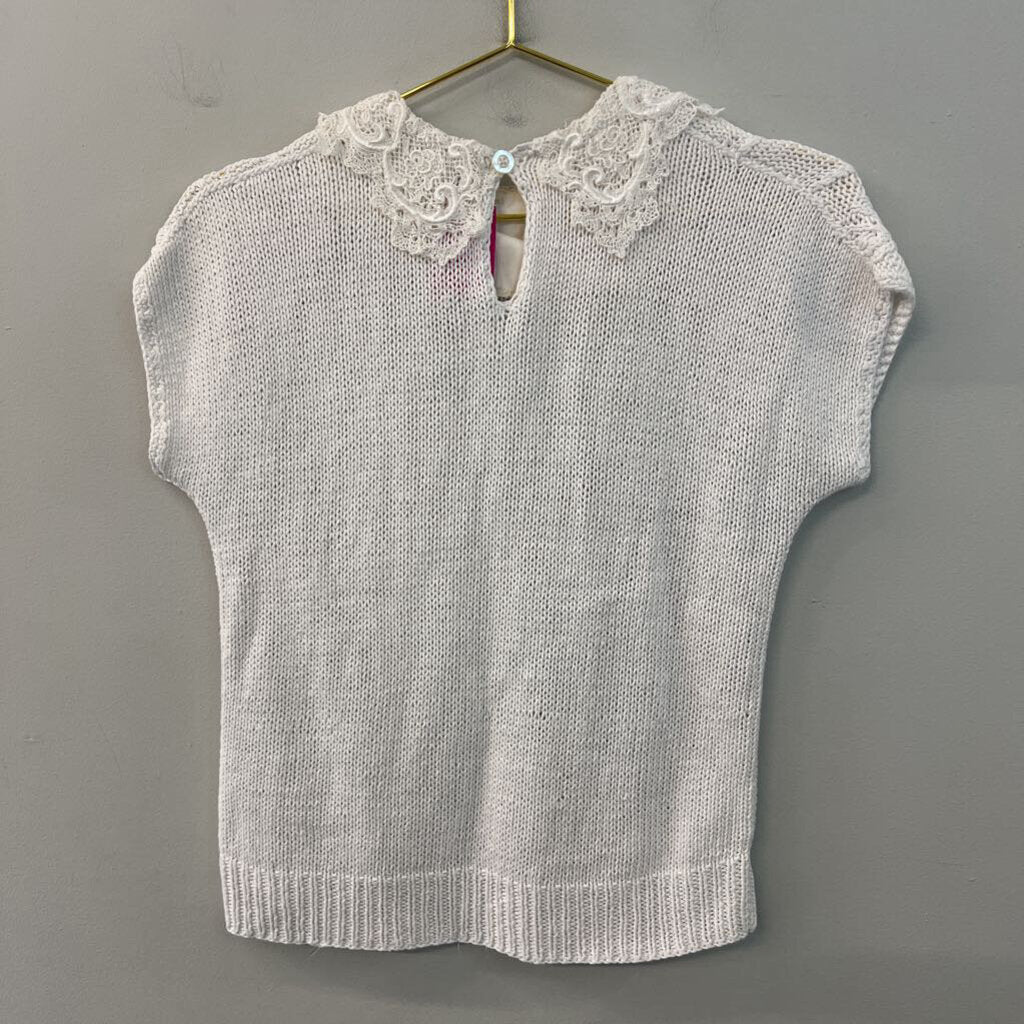 Vintage White Knit Short Sleeve Sweater Top Small