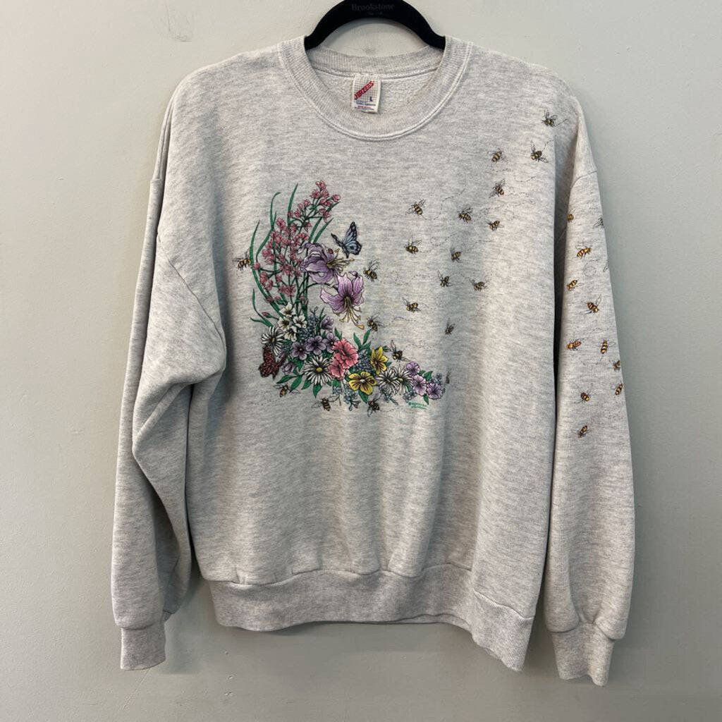 Vintage Jerzees Grey/ Multi Flower Bee Print Pullover Large