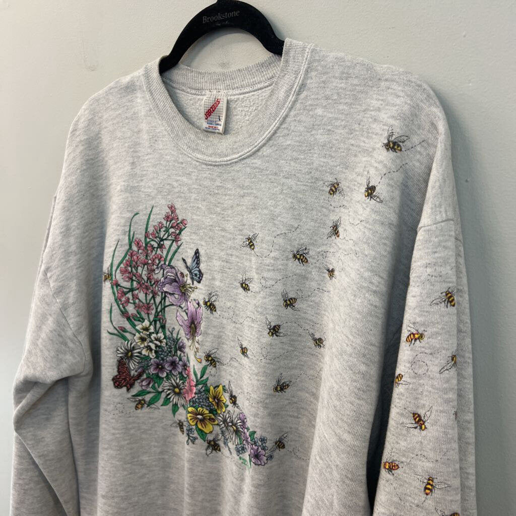 Vintage Jerzees Grey/ Multi Flower Bee Print Pullover Large