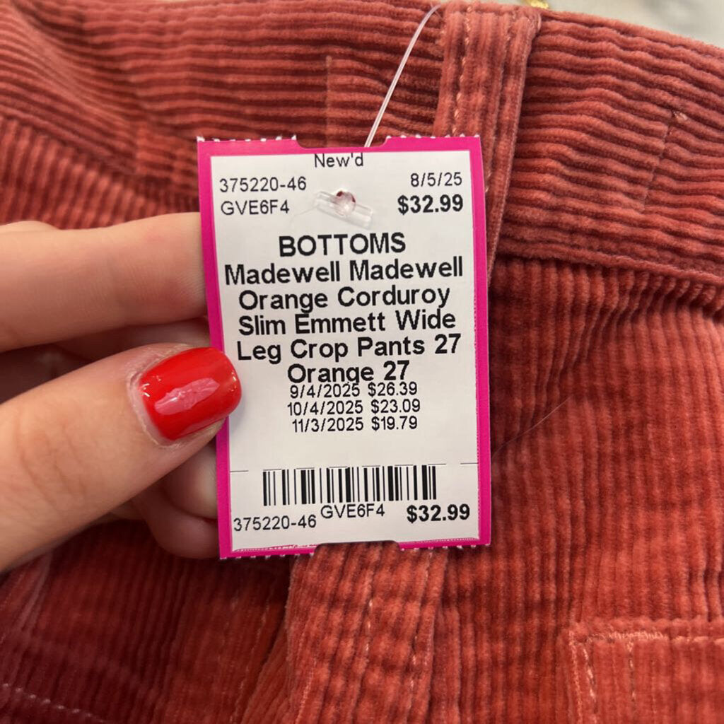 Madewell Orange Corduroy Slim Emmett Wide Leg Crop Pants 27