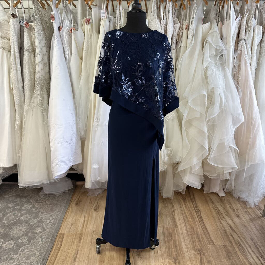 R and M Richards Navy Sequin Lace Cape Top Long Formal Dress 14