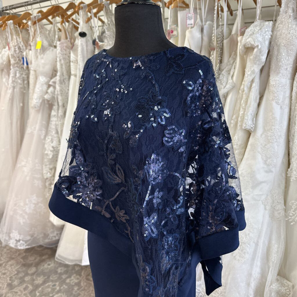 R and M Richards Navy Sequin Lace Cape Top Long Formal Dress 14