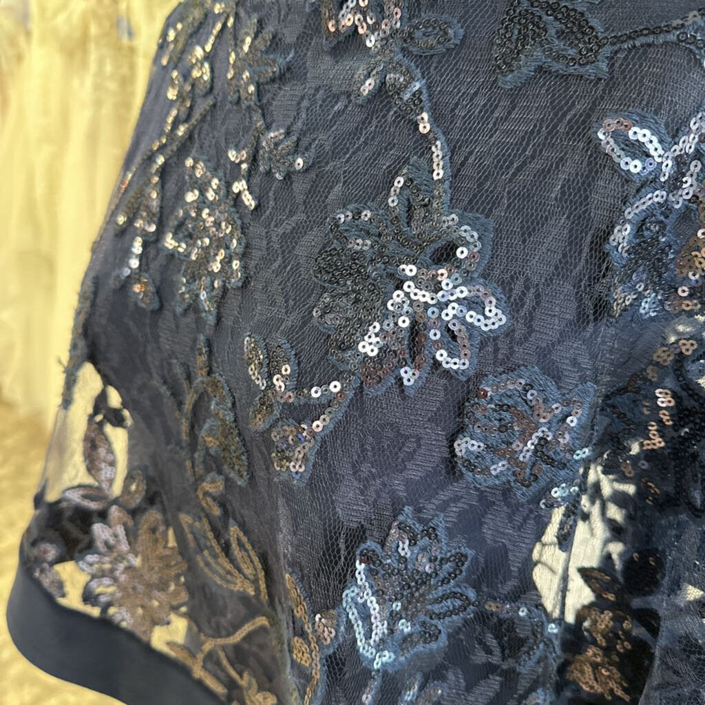 R and M Richards Navy Sequin Lace Cape Top Long Formal Dress 14