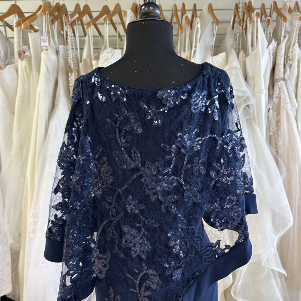 R and M Richards Navy Sequin Lace Cape Top Long Formal Dress 14