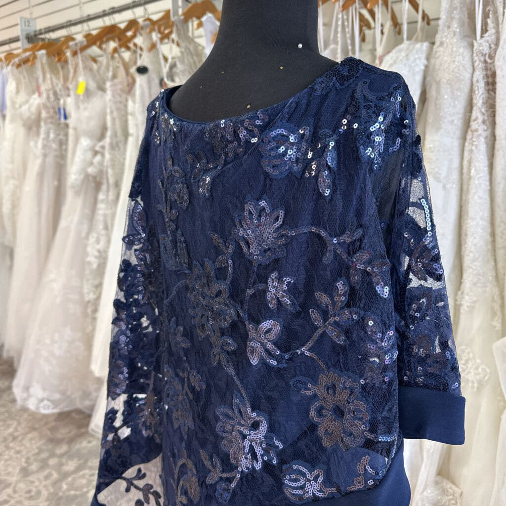 R and M Richards Navy Sequin Lace Cape Top Long Formal Dress 14