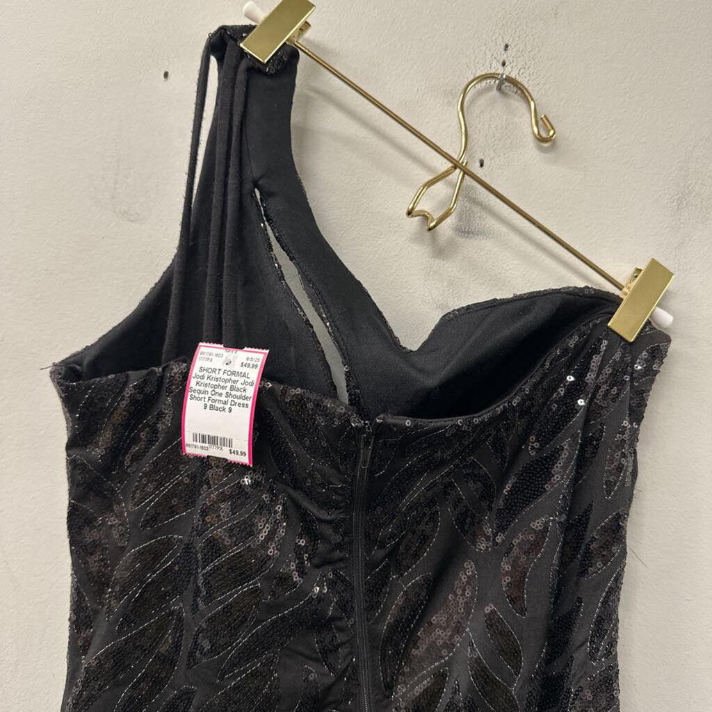 Jodi Kristopher Black Sequin One Shoulder Short Formal Dress 9
