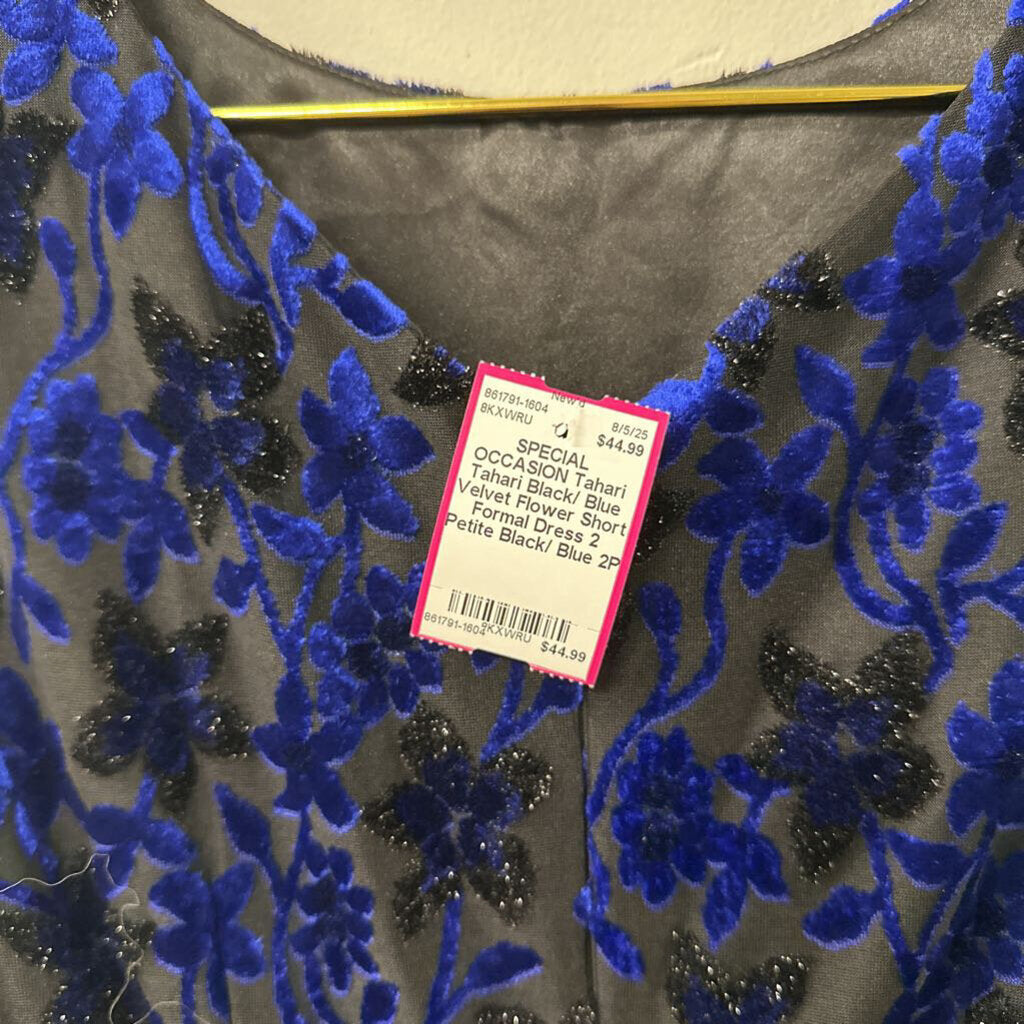 Tahari Black/ Blue Velvet Flower Short Formal Dress 2 Petite