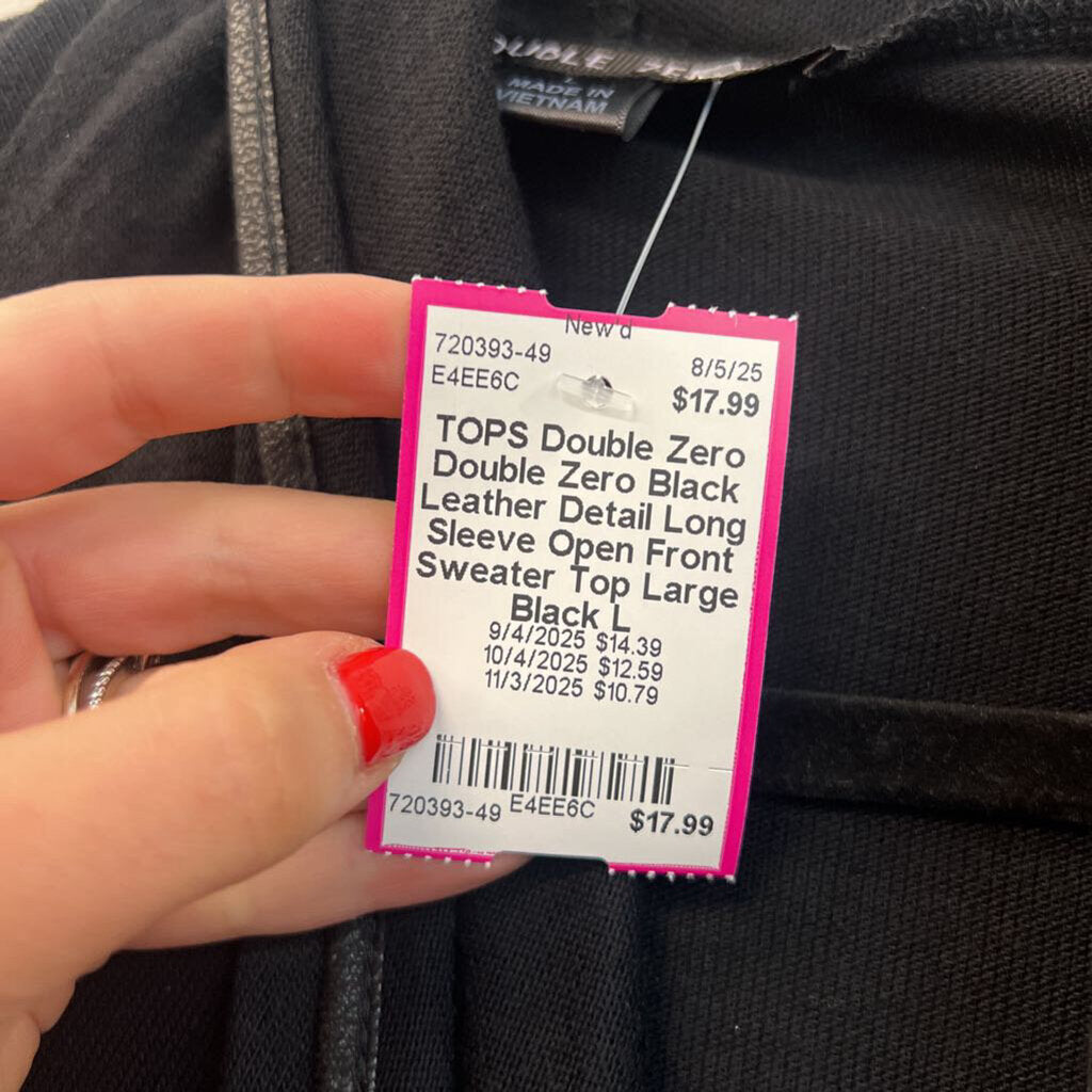 Double Zero Black Leather Detail Long Sleeve Open Front Sweater Top Large