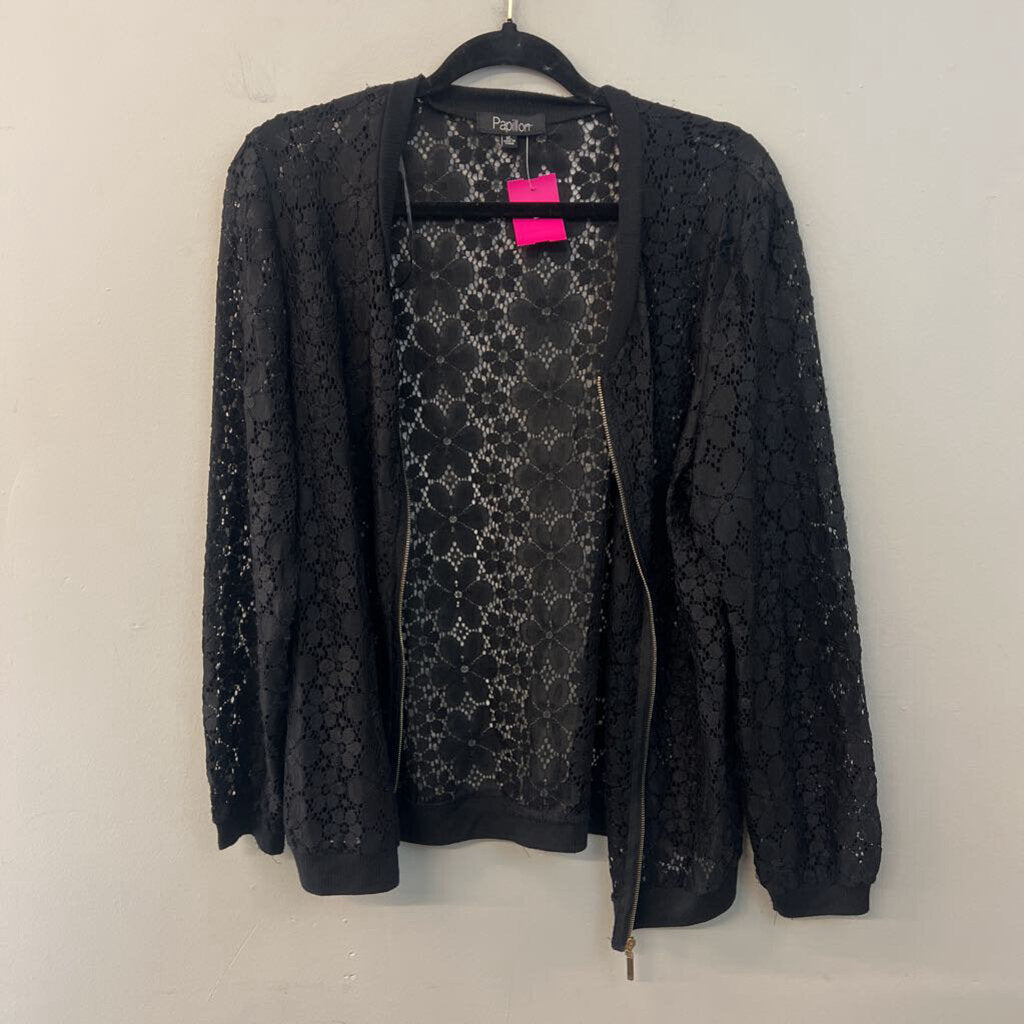 Papillon Black Lace Long Sleeve Zip Up Top Extra Large