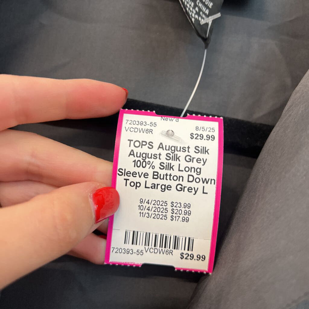 August Silk Grey 100% Silk Long Sleeve Button Down Top Large