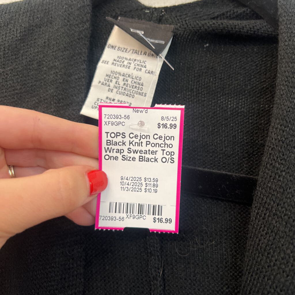 Cejon Black Knit Poncho Wrap Sweater Top One Size