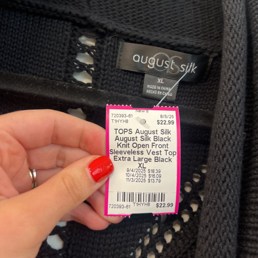 August Silk Black Knit Open Front Sleeveless Vest Top Extra Large