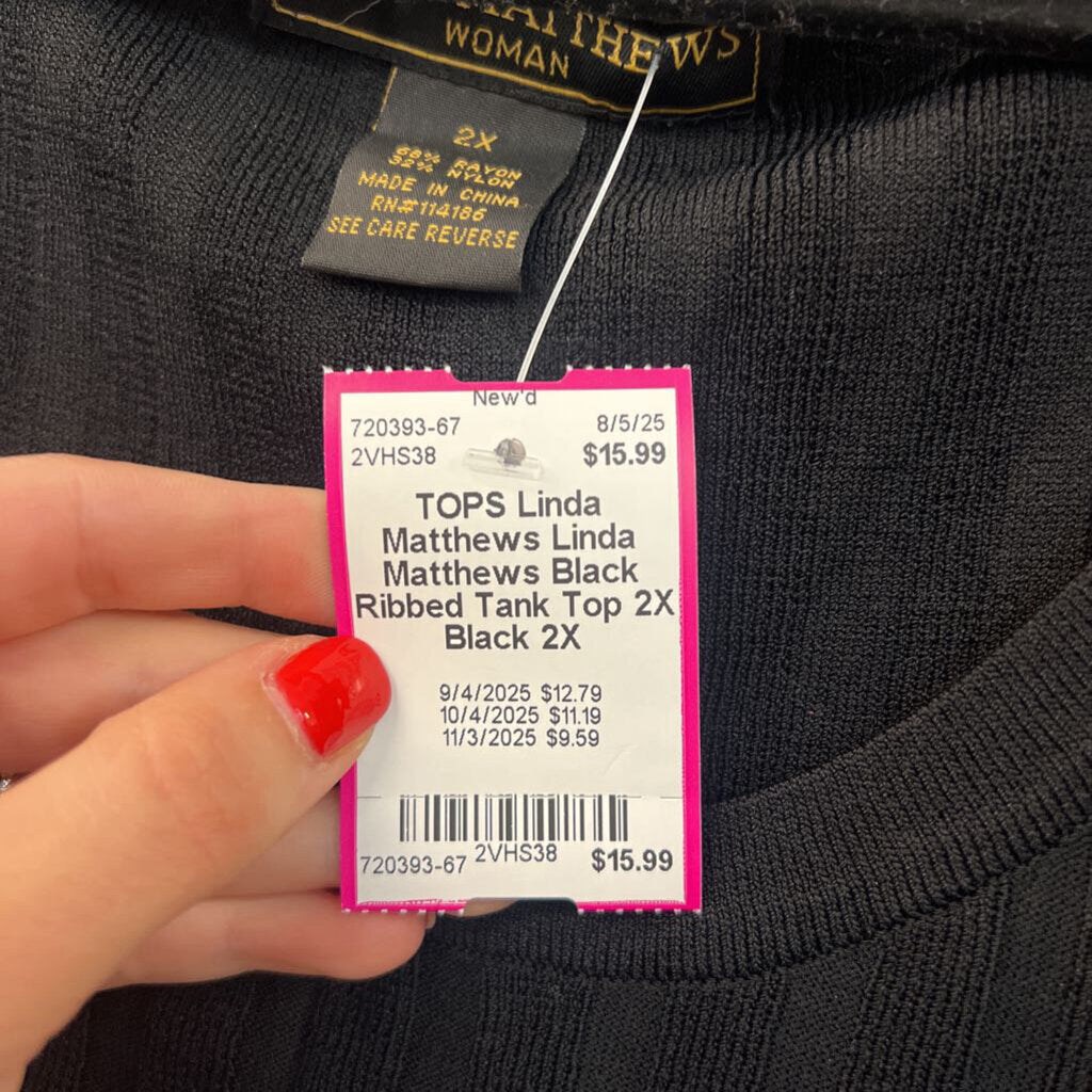 Linda Matthews Black Ribbed Tank Top 2X