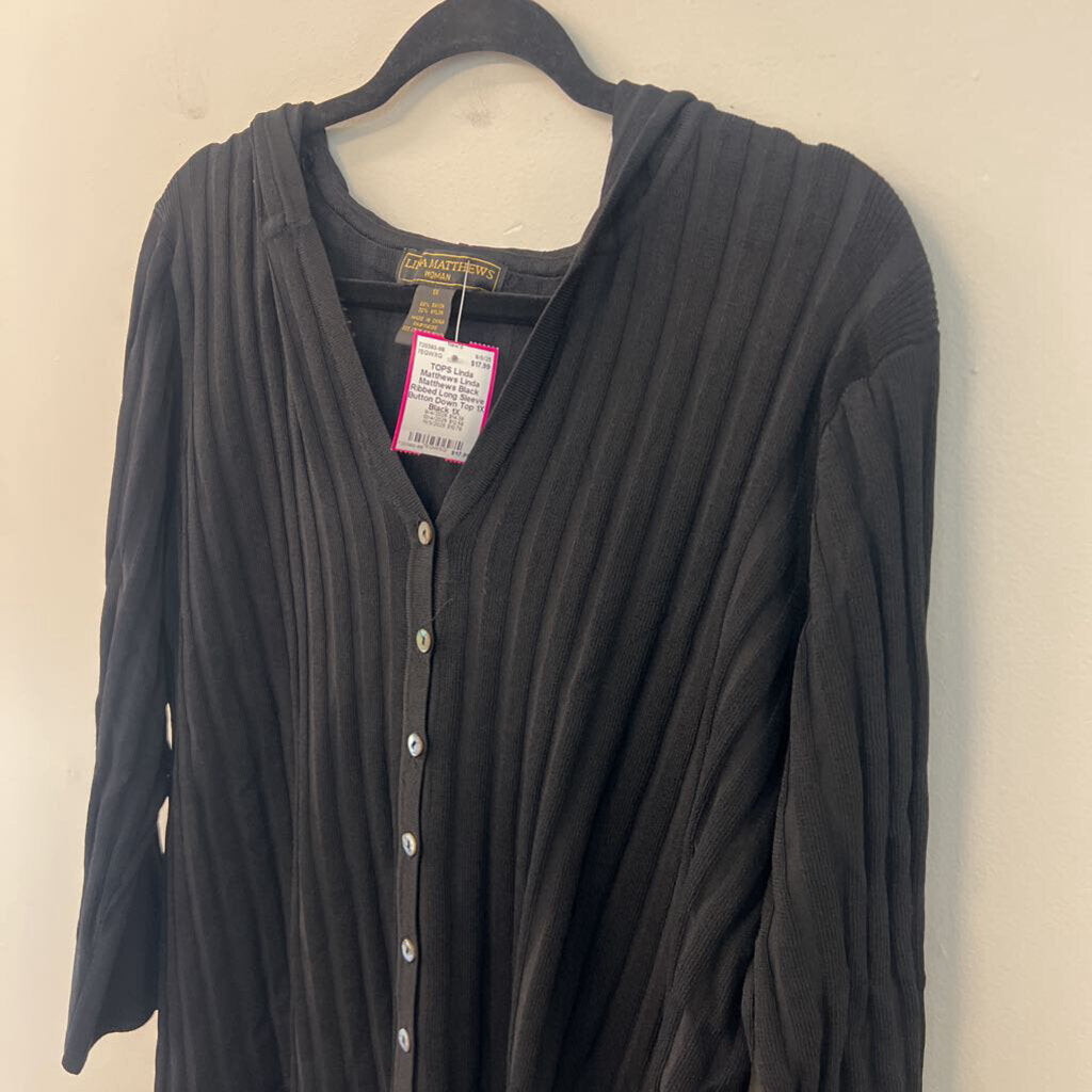 Linda Matthews Black Ribbed Long Sleeve Button Down Top 1X