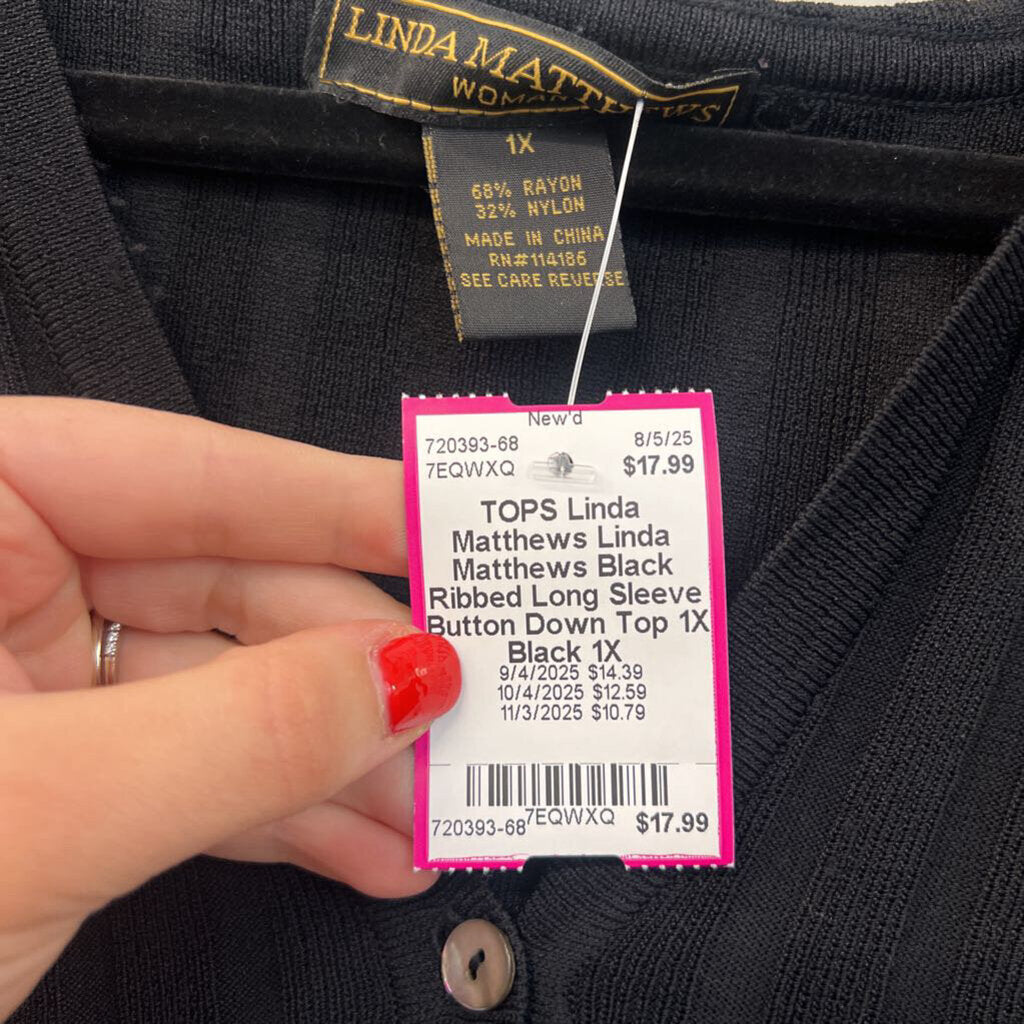 Linda Matthews Black Ribbed Long Sleeve Button Down Top 1X