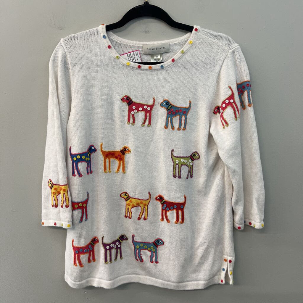 Vintage Susan Bristol White/ Multi Knit Dog Print Top Medium