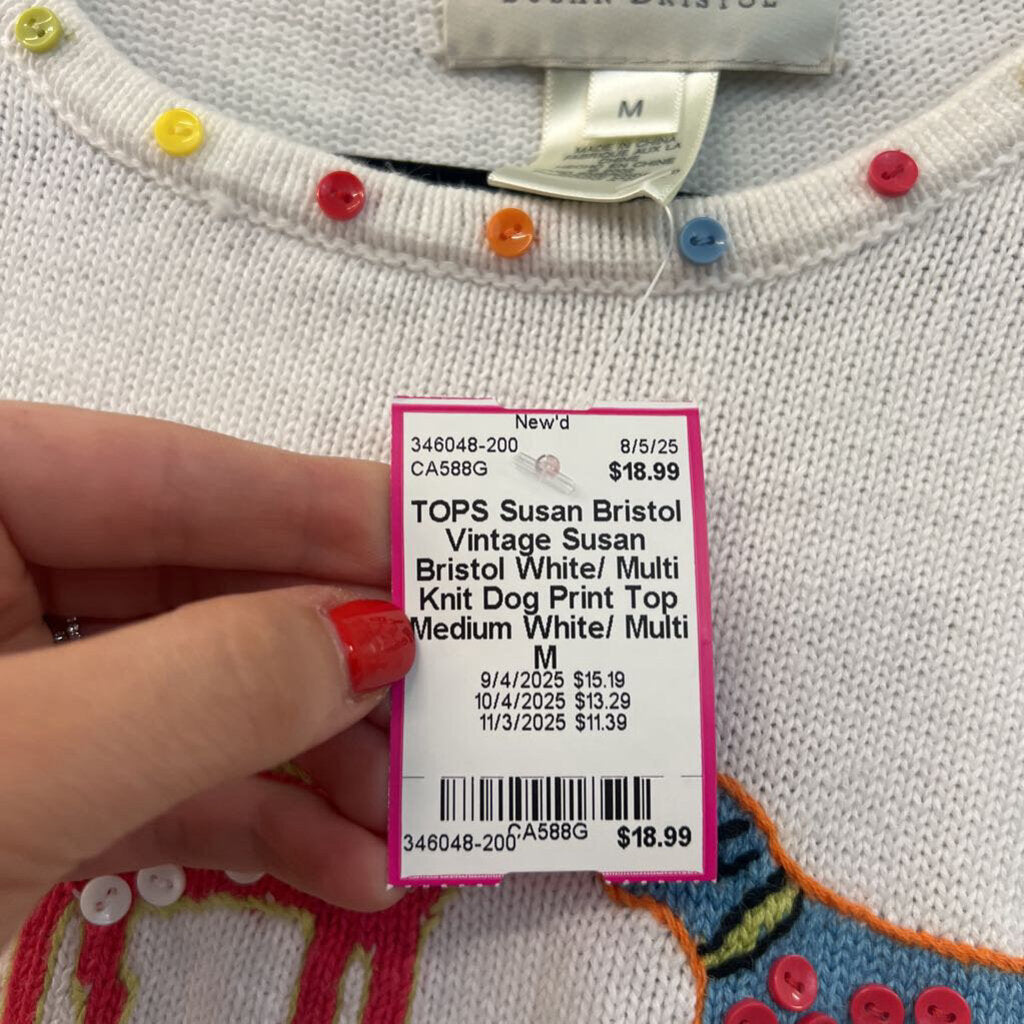 Vintage Susan Bristol White/ Multi Knit Dog Print Top Medium