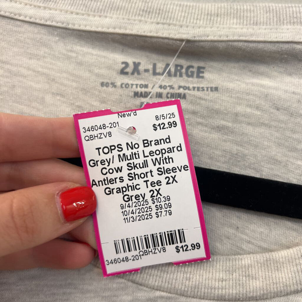 Grey/ Multi Leopard Cow Skull With Antlers Short Sleeve Graphic Tee 2X