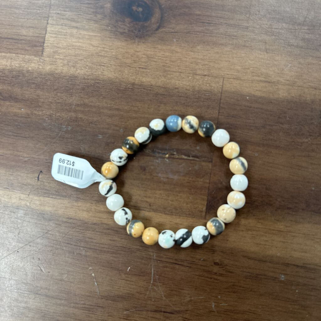 White/ Brown Marbled Beaded Stretchy Bracelet