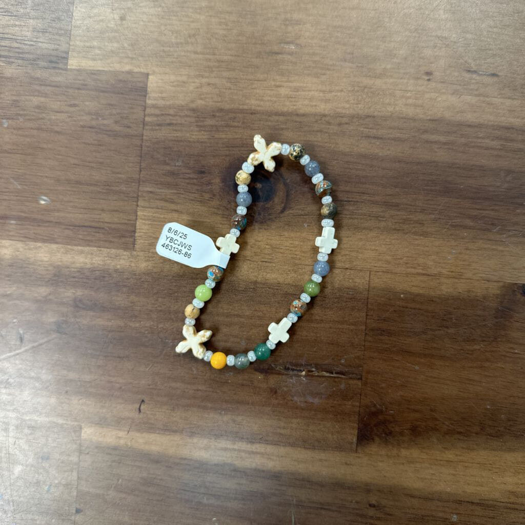 Cream/ Multi Cross Beaded Stretchy Bracelet