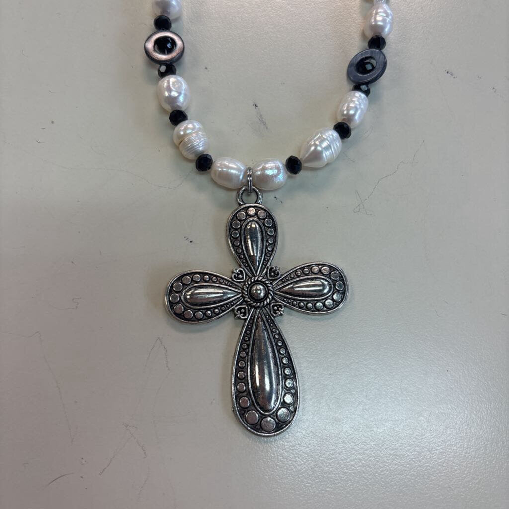 Black/ White/ Silver Beaded Cross Pendant Necklace