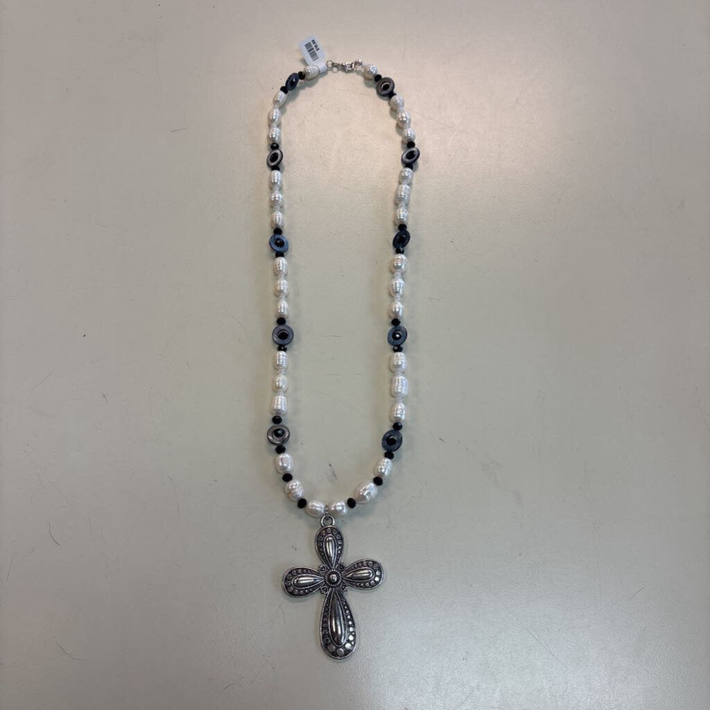 Black/ White/ Silver Beaded Cross Pendant Necklace