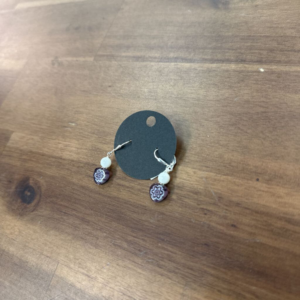 Silver/ White/ Purple Beaded Drop Earrings